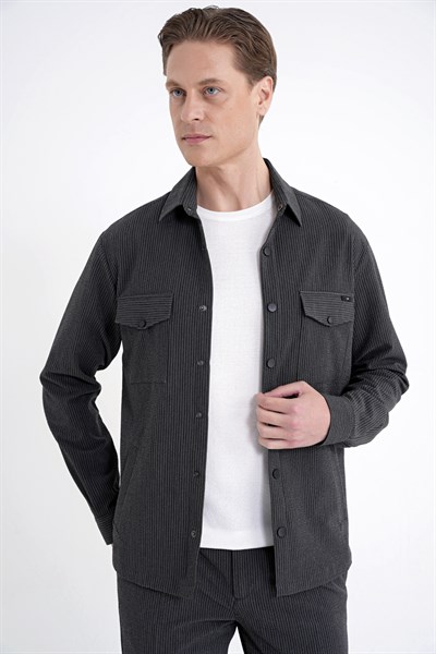 Comfort Fit Yan Cepli Esnek İnce Çizgili Siyah Gömlek Ceket G 1608