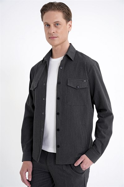 Comfort Fit Yan Cepli Esnek İnce Çizgili Siyah Gömlek Ceket G 1608