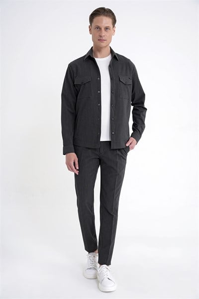 Comfort Fit Yan Cepli Esnek İnce Çizgili Siyah Gömlek Ceket G 1608