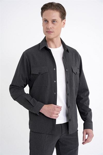 Comfort Fit Yan Cepli Esnek İnce Çizgili Siyah Gömlek Ceket G 1608