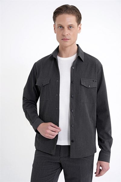 Comfort Fit Yan Cepli Esnek İnce Çizgili Siyah Gömlek Ceket G 1608