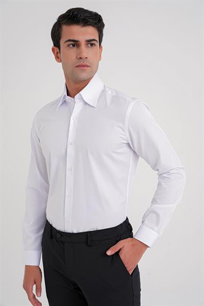 G 565 Slim Fit Dik Yaka Pamuk Saten Uzun Kol Klasik Beyaz Gömlek 