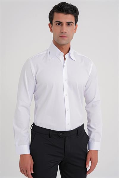 G 565 Slim Fit Dik Yaka Pamuk Saten Uzun Kol Klasik Beyaz Gömlek 