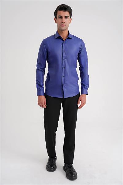 Gk 157 Slim Fit Pamuk Saten Uzun Kol Klasik Lacivert Gömlek 