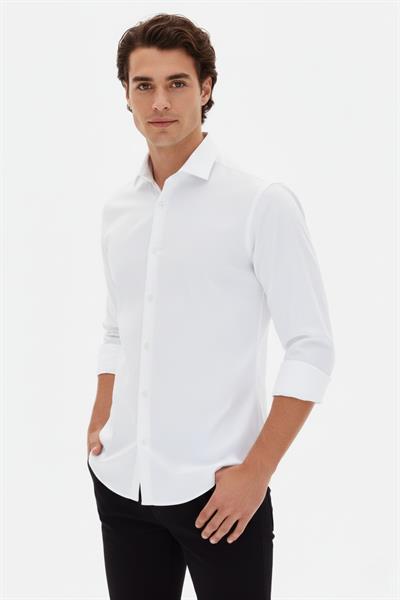 Slim Fit Kravat Yaka Uzun Kol Pamuklu Beyaz Gömlek GK 2025
