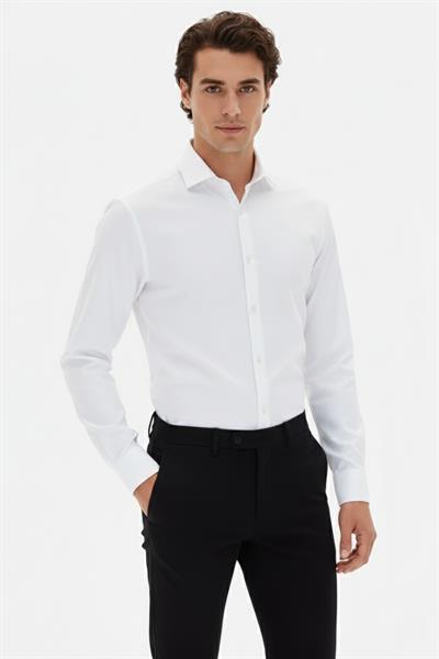 Slim Fit Kravat Yaka Uzun Kol Pamuklu Beyaz Gömlek GK 2025