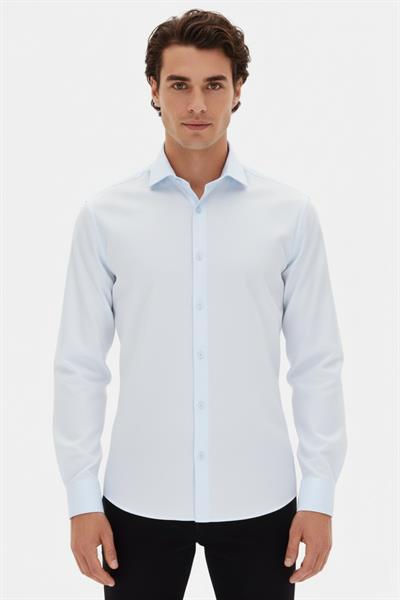 Slim Fit Kravat Yaka Uzun Kol Pamuklu Mavi Gömlek GK 2025