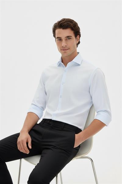 Slim Fit Kravat Yaka Uzun Kol Pamuklu Mavi Gömlek GK 2025