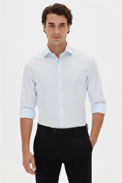 Slim Fit Kravat Yaka Uzun Kol Pamuklu Mavi Gömlek GK 2025
