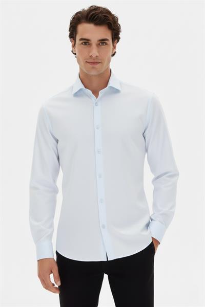 Slim Fit Kravat Yaka Uzun Kol Pamuklu Mavi Gömlek GK 2025