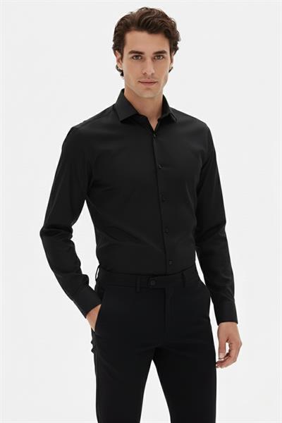 Slim Fit Kravat Yaka Uzun Kol Pamuklu Siyah Gömlek GK 2025