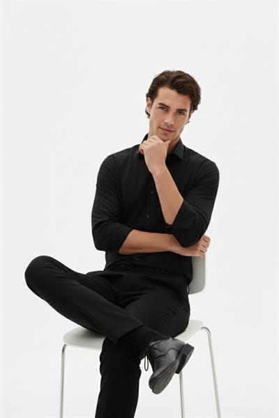 Slim Fit Kravat Yaka Uzun Kol Pamuklu Siyah Gömlek GK 2025