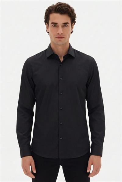 Slim Fit Kravat Yaka Uzun Kol Pamuklu Siyah Gömlek GK 2025