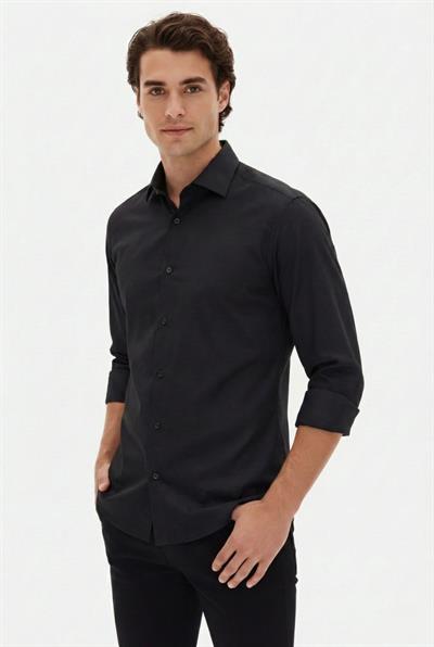 Slim Fit Kravat Yaka Uzun Kol Pamuklu Siyah Gömlek GK 2025