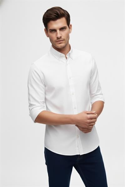 Slim Fit %100 Pamuk Düğmeli Yaka Oxford Beyaz Gömlek GK 2026