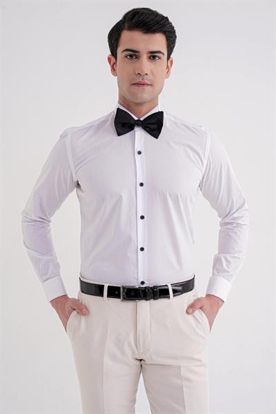 Slim Fit Siyah Düğmeli Ata Yaka Beyaz Damatlık Smokin Gömlek Gk 322