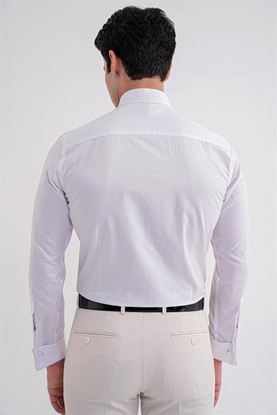 Slim Fit Siyah Düğmeli Ata Yaka Beyaz Damatlık Smokin Gömlek Gk 322