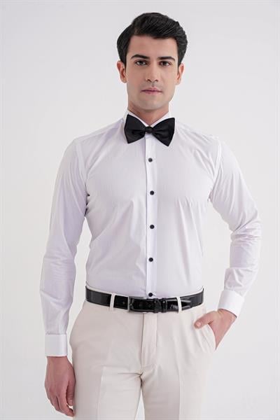 Slim Fit Siyah Düğmeli Ata Yaka Beyaz Damatlık Smokin Gömlek Gk 322