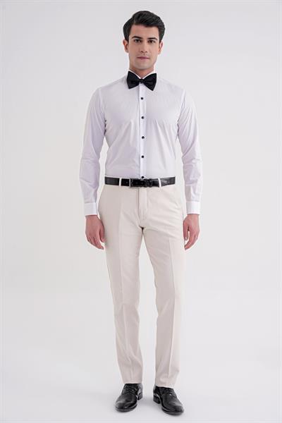 Slim Fit Siyah Düğmeli Ata Yaka Beyaz Damatlık Smokin Gömlek Gk 322