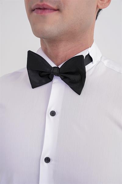Slim Fit Siyah Düğmeli Ata Yaka Beyaz Damatlık Smokin Gömlek Gk 322