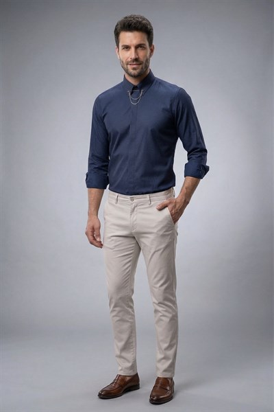 Slim Fit Doku Desenli Yaka Zincirli Lacivert Gömlek GK 629