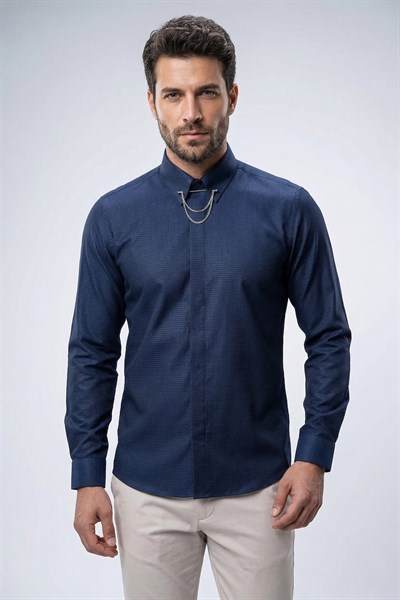Slim Fit Doku Desenli Yaka Zincirli Lacivert Gömlek GK 629