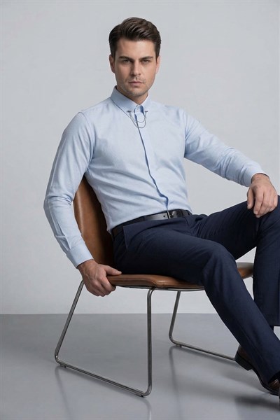 Slim Fit Doku Desenli Yaka Zincirli Mavi Gömlek GK 629