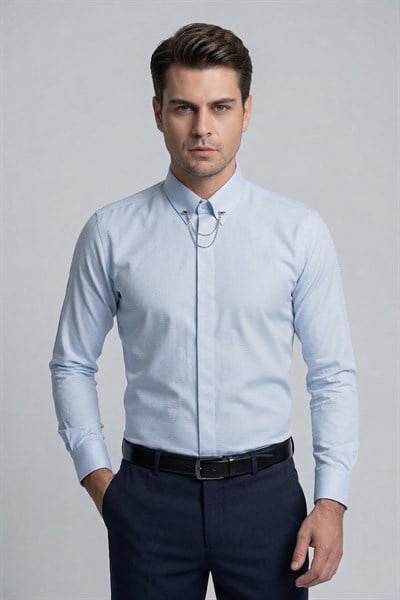 Slim Fit Doku Desenli Yaka Zincirli Mavi Gömlek GK 629