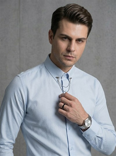 Slim Fit Doku Desenli Yaka Zincirli Mavi Gömlek GK 629
