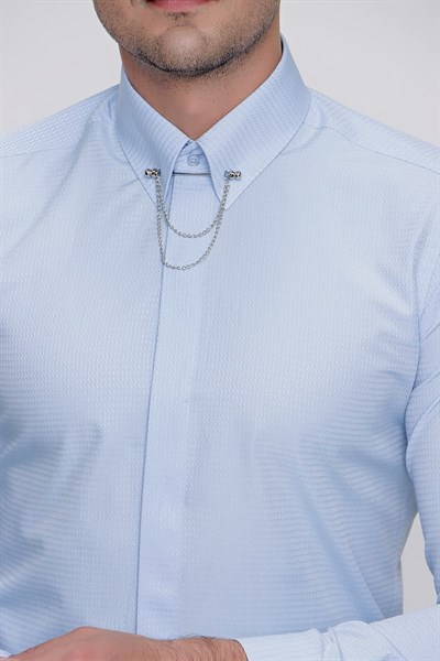 Slim Fit Doku Desenli Yaka Zincirli Mavi Gömlek GK 629