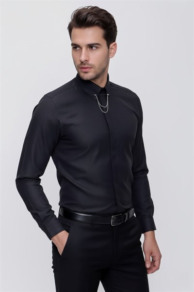 Slim Fit Doku Desenli Yaka Zincirli Siyah Gömlek GK 629