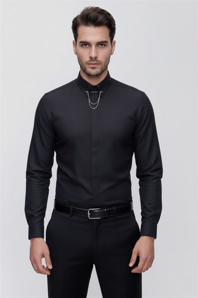 Slim Fit Doku Desenli Yaka Zincirli Siyah Gömlek GK 629