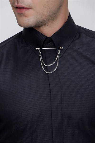 Slim Fit Doku Desenli Yaka Zincirli Siyah Gömlek GK 629
