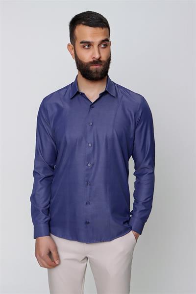 Slim Fit Önden Pensli Pamuklu Pamuklu İndigo Gömlek GK 635