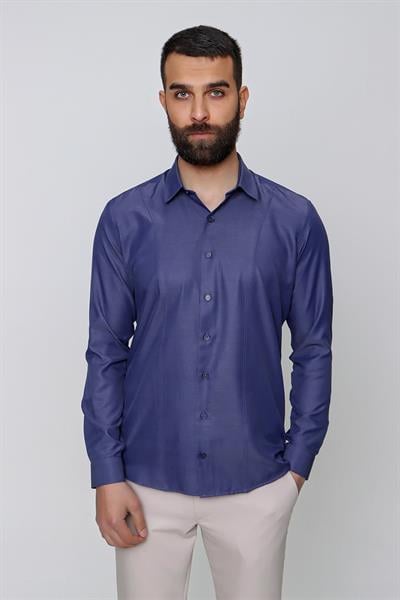 Slim Fit Önden Pensli Pamuklu Pamuklu İndigo Gömlek GK 635