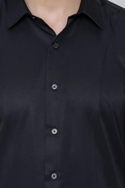 Slim Fit Önden Pensli Pamuklu Siyah Gömlek GK 635