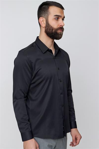 Slim Fit Önden Pensli Pamuklu Siyah Gömlek GK 635