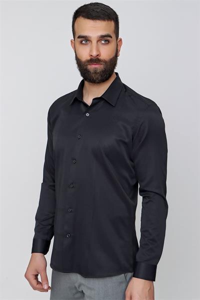 Slim Fit Önden Pensli Pamuklu Siyah Gömlek GK 635