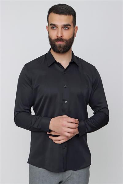 Slim Fit Önden Pensli Pamuklu Siyah Gömlek GK 635