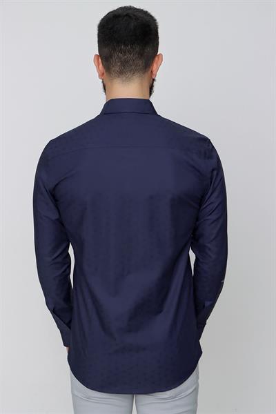 Slim Fit %100 Pamuk Doku Desenli Lacivert Gömlek GK 639