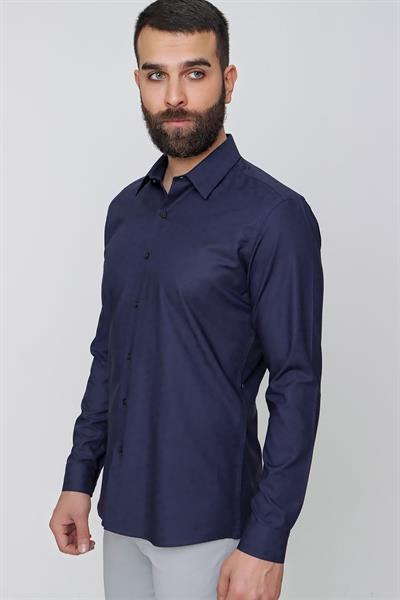 Slim Fit %100 Pamuk Doku Desenli Lacivert Gömlek GK 639