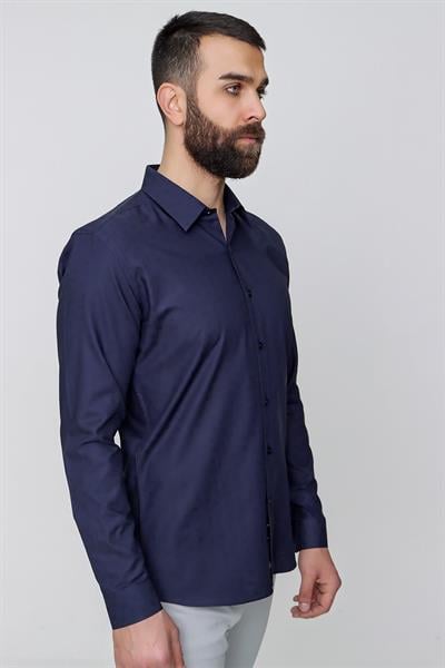 Slim Fit %100 Pamuk Doku Desenli Lacivert Gömlek GK 639