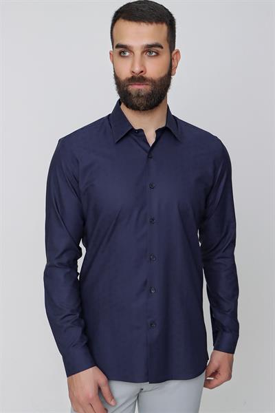 Slim Fit %100 Pamuk Doku Desenli Lacivert Gömlek GK 639