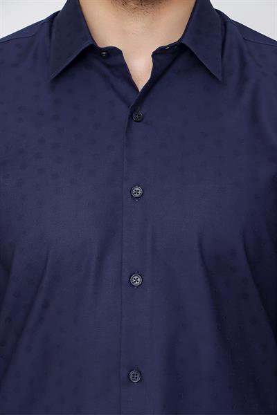 Slim Fit %100 Pamuk Doku Desenli Lacivert Gömlek GK 639