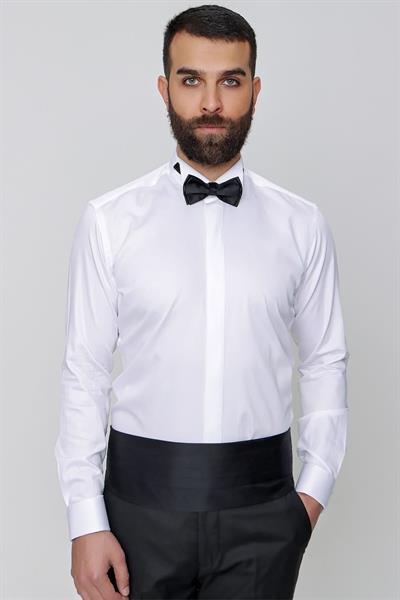 Slim Fit %100 Pamuk Gizli Düğmeli Ata Yaka Beyaz Gömlek GK 640