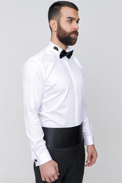Slim Fit %100 Pamuk Gizli Düğmeli Ata Yaka Beyaz Gömlek GK 640