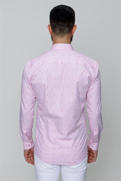 Slim Fit %100 Pamuk Çiçek Desenli Yaka Düğmeli Pembe Gömlek GK 643