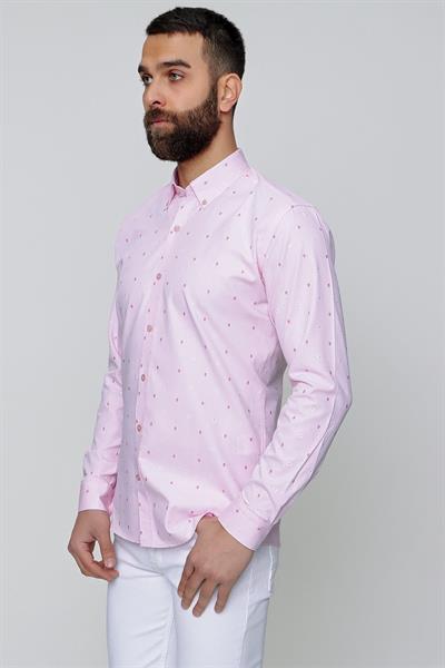 Slim Fit %100 Pamuk Çiçek Desenli Yaka Düğmeli Pembe Gömlek GK 643