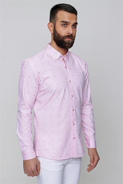 Slim Fit %100 Pamuk Çiçek Desenli Yaka Düğmeli Pembe Gömlek GK 643