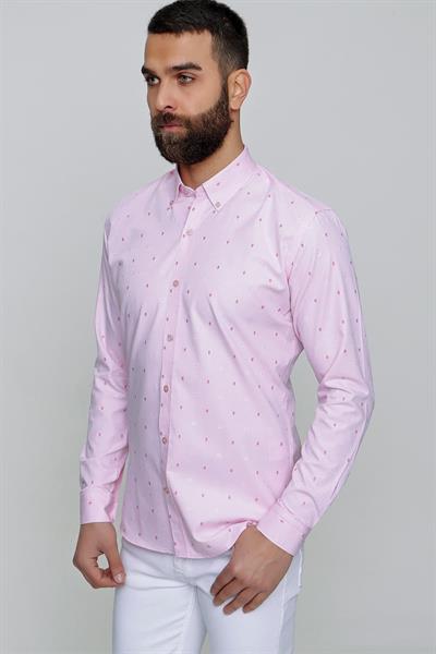 Slim Fit %100 Pamuk Çiçek Desenli Yaka Düğmeli Pembe Gömlek GK 643